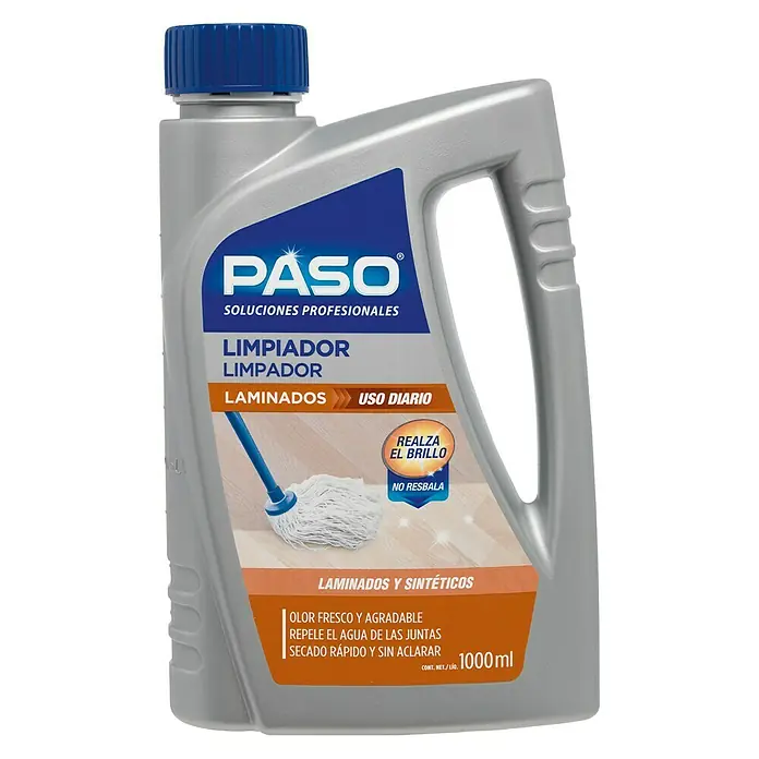 Paso Limpiador Pavimentos Laminados Sintéticos - 1 l - Botella gris de limpiador laminados y sintéticos Paso con tapón azul, ideal para la limpieza diaria. Aporta brillo y evita resbalones.
