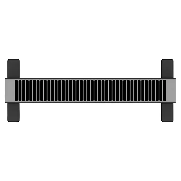 Ksix Calefactor de aire Blaze - 2.000 W, Negro - Una rejilla metálica gris con ranuras verticales, flanqueada por soportes rectangulares negros, asegura una ventilación y estabilidad óptimas.