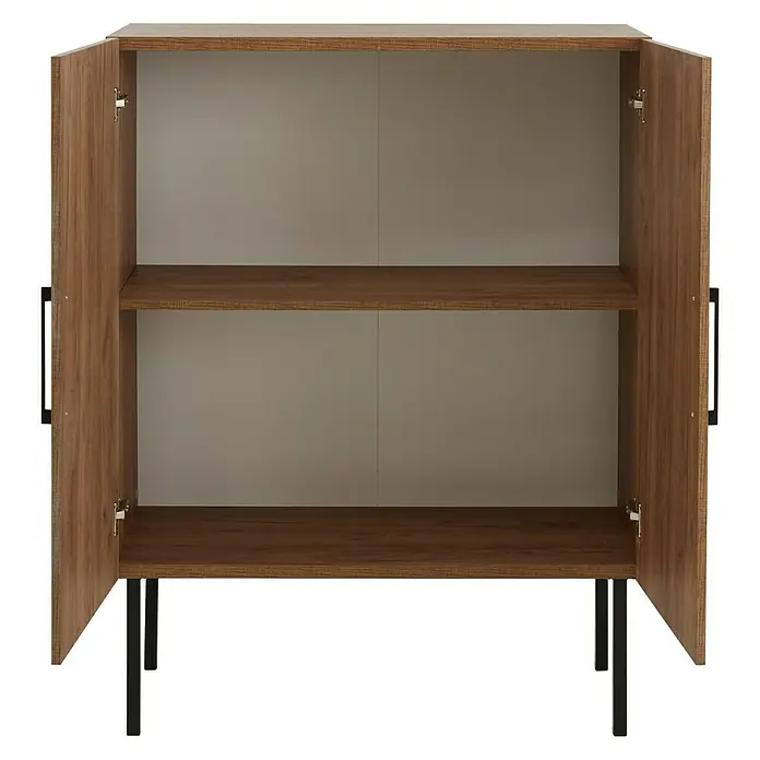 Phönix Spectral Highboard - L x B x H: 45 x 100 x 130 cm, Holzfarben - Attraktiver Schrank mit offenen Türen und zwei Regalen aus Holz. Die Beine des Schranks sind aus schwarzem Metall.
