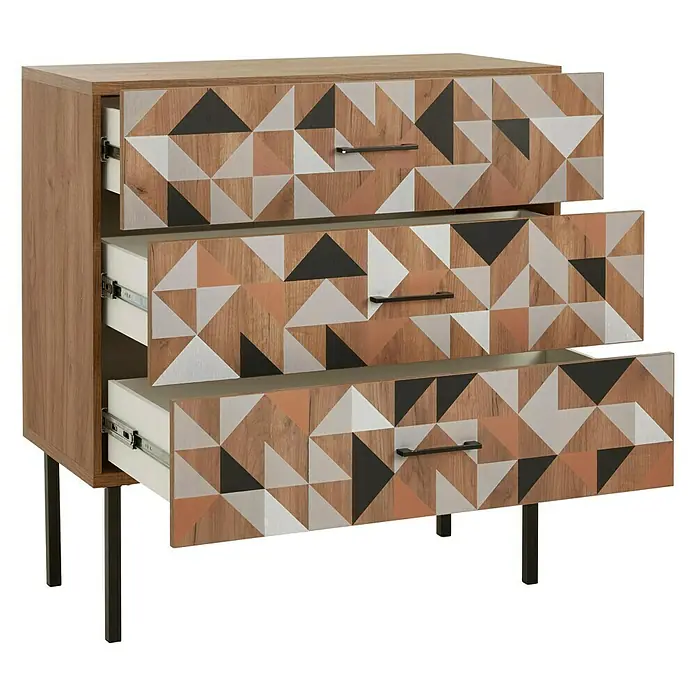 Phönix Spectral Kommode - L x B x H: 45 x 100 x 105 cm, Holzfarben, Anzahl Schubladen: 3 Stk. - Kommode mit geometrischen Mustern auf den Schubladenfronten und offenen Schubladen, die einen Einblick ins Innere geben.