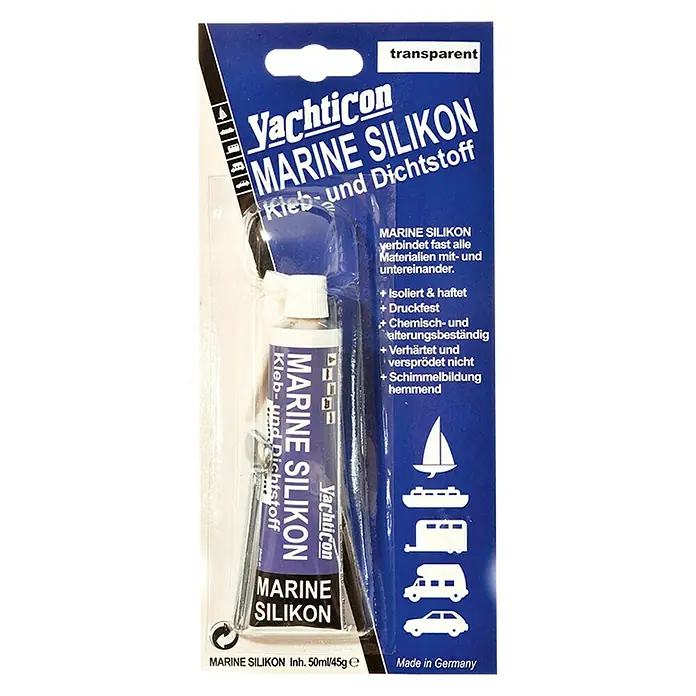 Yachticon Silikon Marine - Schwarz, 45 ml - Ein Bild von Yachticon Marine Silikon Kleb- und Dichtstoff, transparent, in einer blauen Verpackung. Das Produkt ist ideal für den maritimen Einsatz.