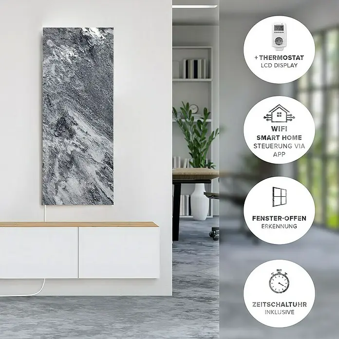 Marwona Infrarotheizkörper Infrarotheizung - 800 W, Shadow Grey 800 Watt Smart Home - Abbildung eines schlanken, vertikalen Heizkörpers mit Marmormuster an der Wand, der über ein Thermostat und eine App gesteuert wird.