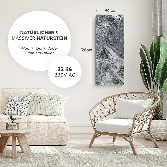Marwona Infrarotheizkörper Infrarotheizung - 800 W, Shadow Grey 800 Watt Smart Home - Ein modernes Wohnzimmer mit einem Naturstein-Wandpaneel, das mit seinen Maßen (100x40 cm), Gewicht (22 kg) und 230V AC-Anschluss überzeugt.