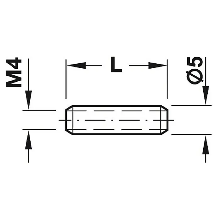Häfele Casquillo roscado - Largo: 15 mm, Específico para: Espesor de la madera 24 - 26 mm - Dibujo técnico de un pasador M4 con un diámetro de 5 mm y una longitud indicada por L.