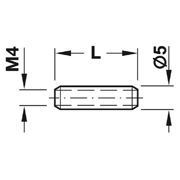 Häfele Casquillo roscado - Largo: 22 mm, Específico para: Espesor de la madera 28 - 33 mm - Dibujo técnico de un perno con dimensiones M4 y Ø5, y longitud L.