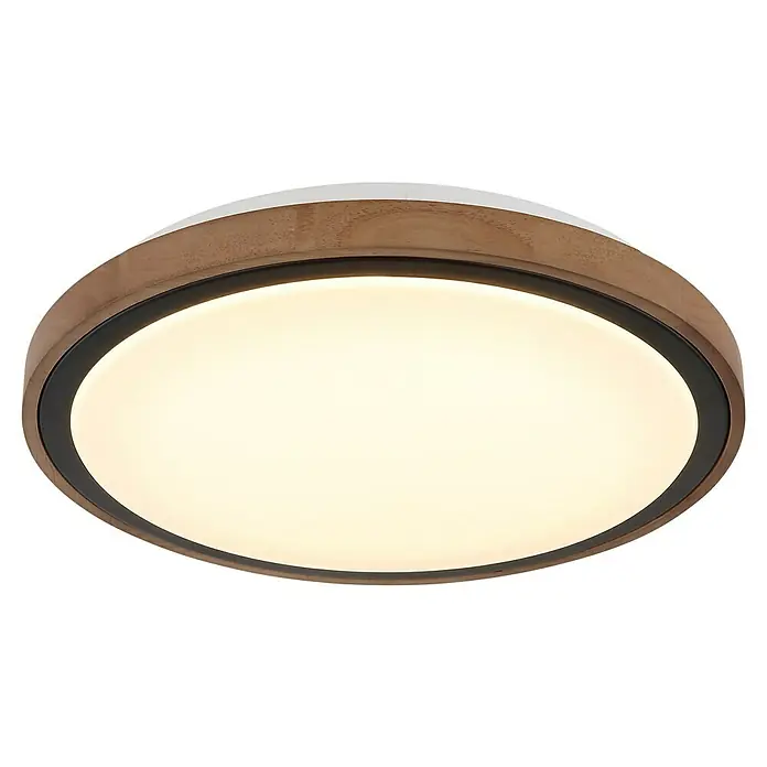 Globo LED-Deckenleuchte rund Bruno - 18 W, Ø x H: 36 x 9,5 cm, Schwarz - Nahaufnahme einer modernen Deckenleuchte mit Holzrahmen und einem warmweißen Licht. Sie sorgt für eine angenehme Atmosphäre im Raum.