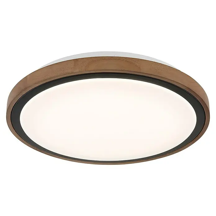 Globo LED-Deckenleuchte rund Bruno - 18 W, Ø x H: 36 x 9,5 cm, Schwarz - Nahaufnahme einer modernen LED-Deckenleuchte mit Holzrahmen und schwarzem Akzentring, die ein helles, diffuses Licht ausstrahlt.