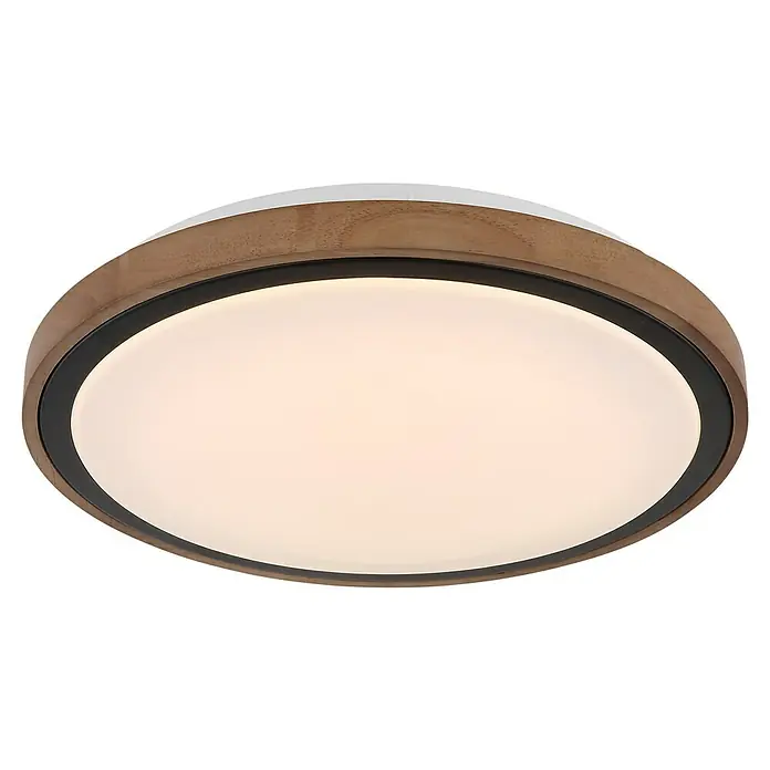 Globo LED-Deckenleuchte rund Bruno - 18 W, Ø x H: 36 x 9,5 cm, Schwarz - Eine moderne Deckenleuchte mit einem Holzrahmen und einem schwarzen Akzent, die ein sanftes, diffuses Licht verbreitet.