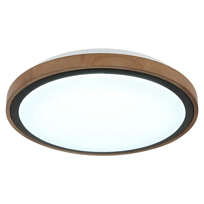 Globo LED-Deckenleuchte rund Bruno - 18 W, Ø x H: 36 x 9,5 cm, Schwarz - Eine Nahaufnahme einer runden Deckenleuchte mit einem hölzernen Rahmen und einem schwarzen Rand, die ein helles, diffuses Licht ausstrahlt.