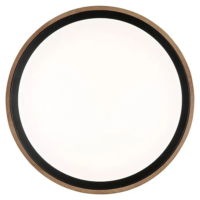 Globo LED-Deckenleuchte rund Bruno - 18 W, Ø x H: 36 x 9,5 cm, Schwarz - Elegante runde Deckenleuchte mit Holzrahmen und schwarzem Akzent, die ein warmes, diffuses Licht spendet. Ideal für moderne Wohnräume.