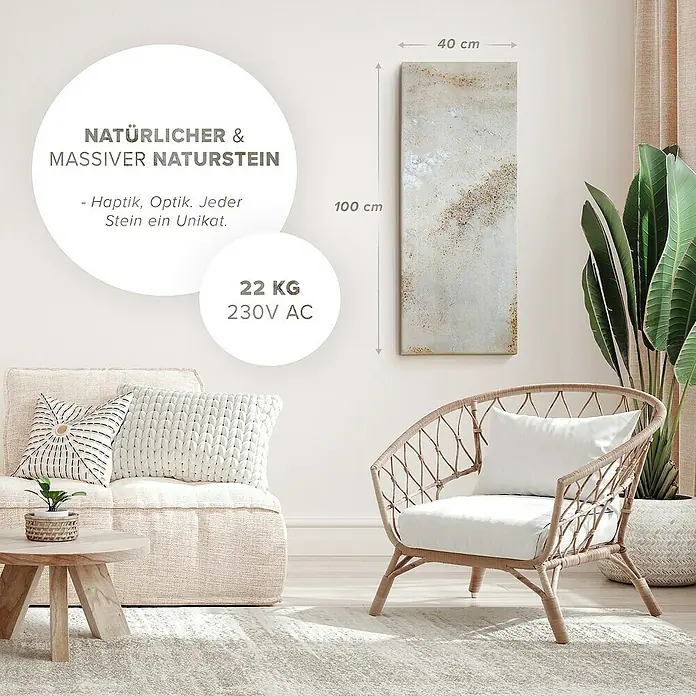 Marwona Infrarotheizkörper Infrarotheizung - B x H: 40 x 100 cm, 800 W, Shiva 800 Watt Smart Home - Nahaufnahme eines Natursteinpaneels (100x40cm) mit Textinformationen zu Gewicht (22kg), Spannung (230V AC) und Eigenschaften.