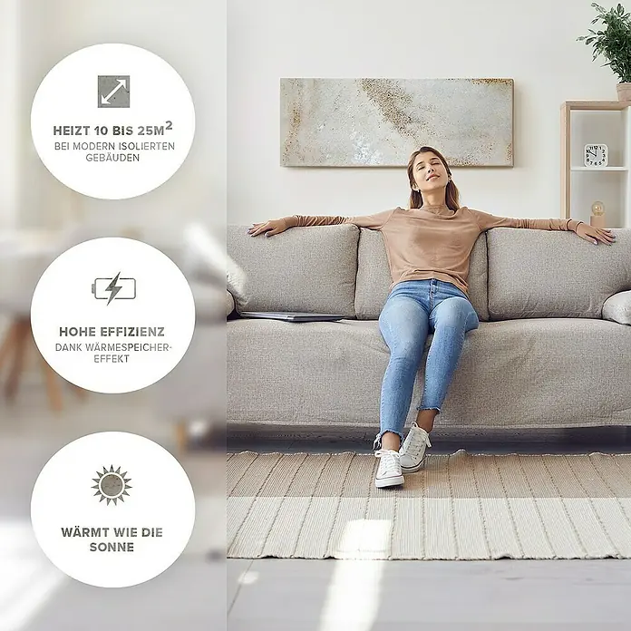 Marwona Infrarotheizkörper Infrarotheizung - B x H: 40 x 100 cm, 800 W, Shiva 800 Watt Smart Home - Eine Frau entspannt sich auf dem Sofa. Heizpaneel wärmt Räume von 10 bis 25 m², ist effizient und speichert Wärme. Es wärmt wie die Sonne.