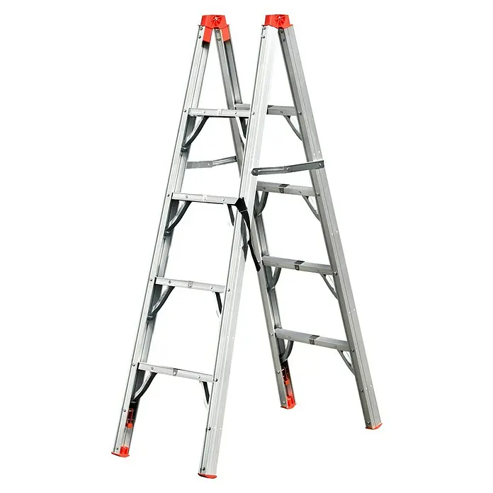 Fulmo Escalera de tijera - Altura de trabajo: 3,2 m, Número de peldaños: 4 ud., Carga soportada: 150 kg, Aluminio - Dos escaleras multiposición de aluminio con detalles en naranja. Perfectas para aficionados al bricolaje y profesionales.