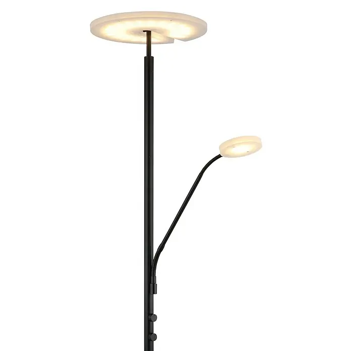 Globo LED-Deckenfluter Stanford - 28 W, Höhe: 180 cm, Schwarz, Warmweiß - Eine moderne Stehlampe mit zwei runden, leuchtenden Elementen, die für eine angenehme Beleuchtung sorgt. Das Design ist minimalistisch gehalten.