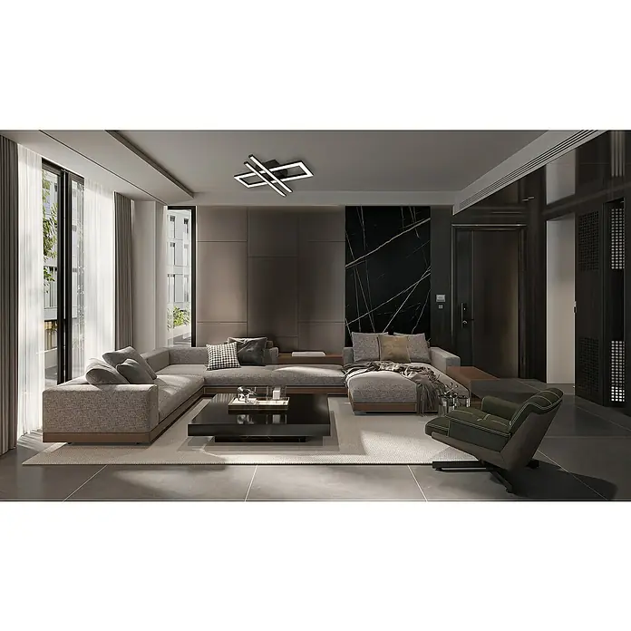 Globo LED-Deckenleuchte Highway - 24 W, L x B x H: 40 x 37,5 x 6,3 cm, Schwarz, Warmweiß - Wohnzimmer mit großem Ecksofa, Couchtisch und modernem Sessel. Die Beleuchtung erfolgt durch eine Deckenleuchte.