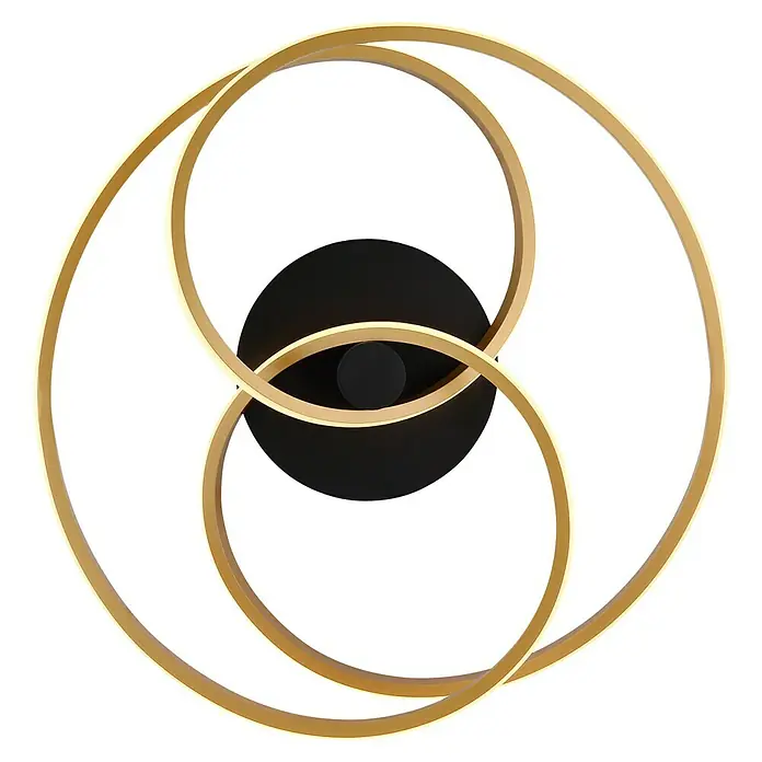 Globo LED-Deckenleuchte rund Glyxar - 40 W, Ø x H: 50 x 16 cm, Gold, Warmweiß - Abstrakte Deckenleuchte mit goldenen Ringen und schwarzem Mittelteil für ein modernes Ambiente.