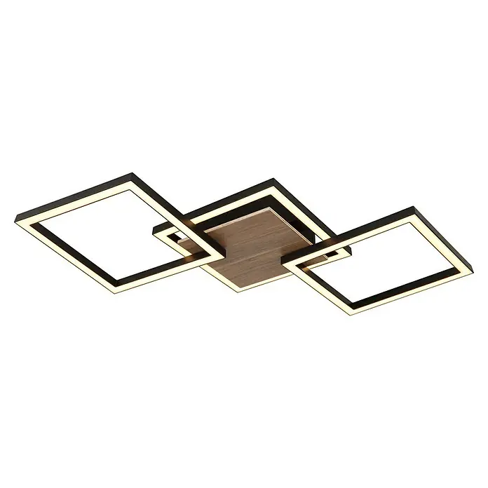 Globo LED-Deckenleuchte Kaden - 24 W, L x B x H: 63 x 27,5 x 5,7 cm, Schwarz, Warmweiß - Moderne LED-Deckenleuchte mit quadratischen Rahmen und Holzpaneel, die ein stilvolles und helles Ambiente erzeugt. Ideal für Wohn- und Geschäftsräume.