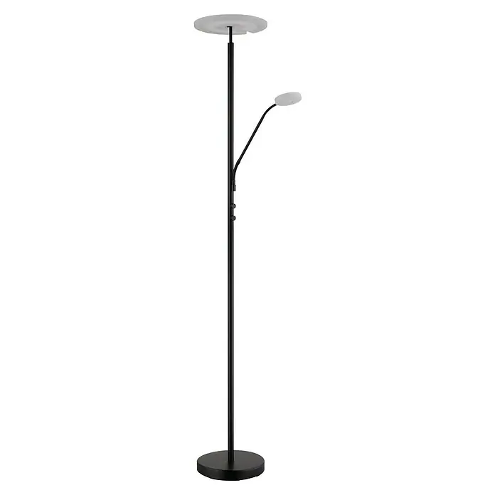 Globo LED-Deckenfluter Stanford - 28 W, Höhe: 180 cm, Schwarz, Warmweiß - Eine minimalistische Stehlampe in Schwarz mit einem runden Lampenschirm und einem zusätzlichen Lesearm. Die Lampe spendet warmes Licht.