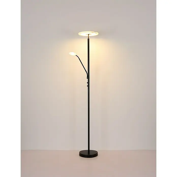 Globo LED-Deckenfluter Stanford - 28 W, Höhe: 180 cm, Nickel, Warmweiß - Elegante Stehlampe mit zwei Lichtquellen: Einem runden Deckenfluter und einer Leselampe, ideal für gemütliche Abende und stilvolle Beleuchtung.