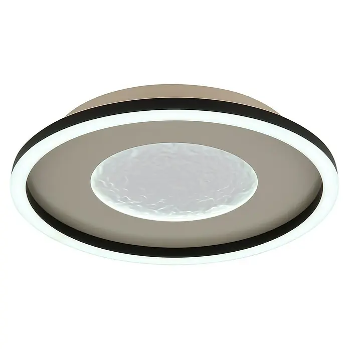 Globo LED-Deckenleuchte rund Wiley - 24 W, Ø x H: 33 x 5,7 cm, Weiß, Kaltweiß - Nahaufnahme einer modernen runden Deckenleuchte mit LED-Beleuchtung und einem strukturierten, diffusen Lichtelement in der Mitte.