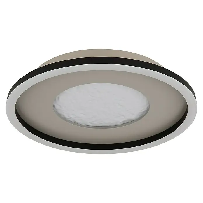 Globo LED-Deckenleuchte rund Wiley - 24 W, Ø x H: 33 x 5,7 cm, Weiß, Kaltweiß - Eine moderne Deckenleuchte mit einem schwarzen äußeren Ring und einer zentralen, strukturierten Lichtquelle. Das Design ist minimalistisch und elegant.