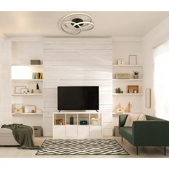 Globo LED-Deckenleuchte rund Glyxar - 40 W, Ø x H: 50 x 16 cm, Silber, Warmweiß - Moderne Deckenleuchte mit drei Ringen in einem stilvollen Wohnzimmer. Die Lampe ist ein echter Blickfang.