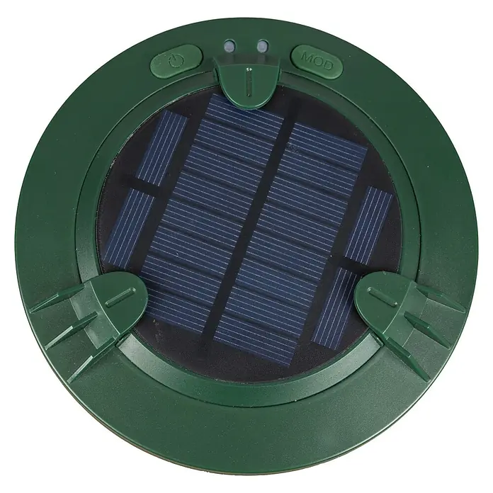 Windhager Wühlmaus- & Maulwurfschreck Mole Stop Solar Plus - Geeignet für: Maulwürfe, Grün - Ein grüner Solar-Tiervertreiber mit einer Solarzelle in der Mitte, Tasten zur Bedienung und Halterungen zur Befestigung im Boden.