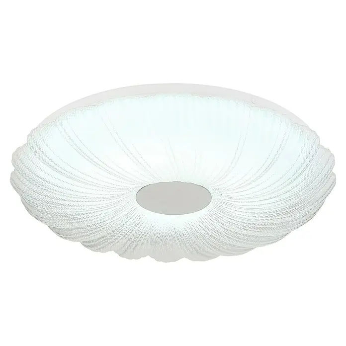 Globo LED-Deckenleuchte rund Cavendish - 24 W, Ø x H: 38 x 7 cm, Weiß, Warmweiß - Nahaufnahme einer modernen, runden Deckenleuchte mit einem weißen, dekorativen Lampenschirm, der für sanftes Licht sorgt.