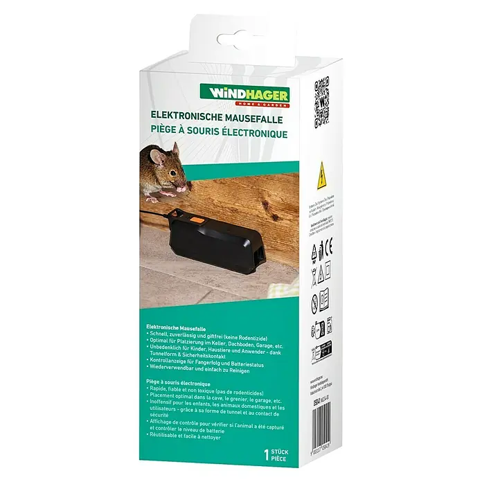 Windhager Mausefalle elektronisch - Anwendungsfertig, Schwarz - Produktverpackung einer elektronischen Mausefalle von Windhager Home & Garden. Die Falle ist schnell, zuverlässig und giftfrei.