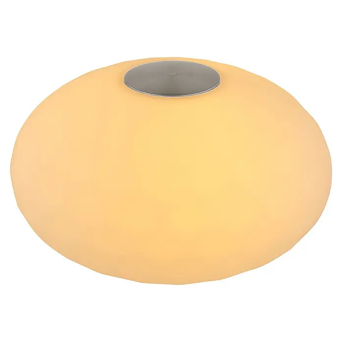 Globo LED-Tischleuchte Laela - 0,5 W, Weiß, RGBW, Ø x H: 20 x 11,7 cm - Diese Aufnahme zeigt eine runde Tischleuchte mit einem hellen, diffusen Schirm und einer silbernen Basis, die modernes Design verkörpert.