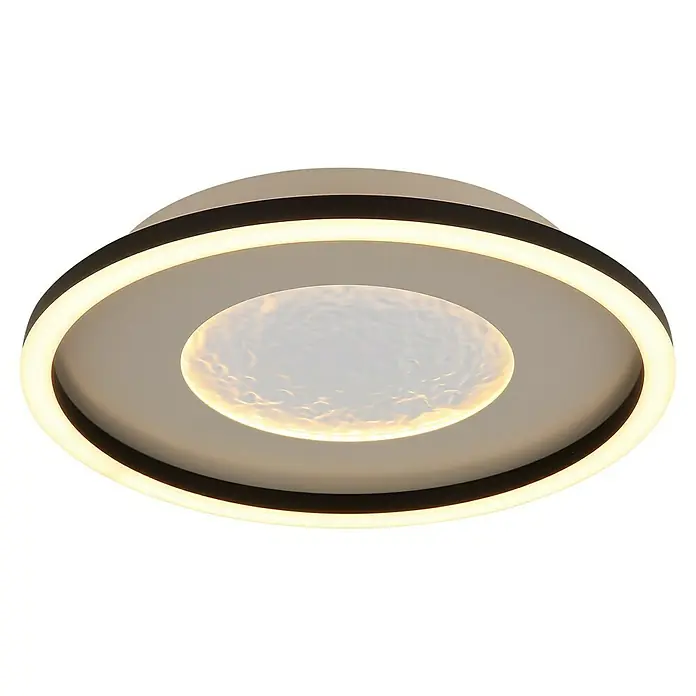 Globo LED-Deckenleuchte rund Wiley - 24 W, Ø x H: 33 x 5,7 cm, Weiß, Kaltweiß - Nahaufnahme einer modernen runden Deckenleuchte mit LED-Beleuchtung und einem dunklen Rahmen für stilvolle Innenräume.