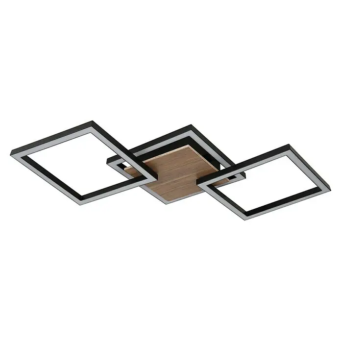 Globo LED-Deckenleuchte Kaden - 24 W, L x B x H: 63 x 27,5 x 5,7 cm, Schwarz, Warmweiß - Moderne Deckenleuchte mit drei quadratischen Rahmen in Schwarz und Silber, die ein warmes Holzelement umgeben. Elegantes Design für stilvolle Beleuchtung.