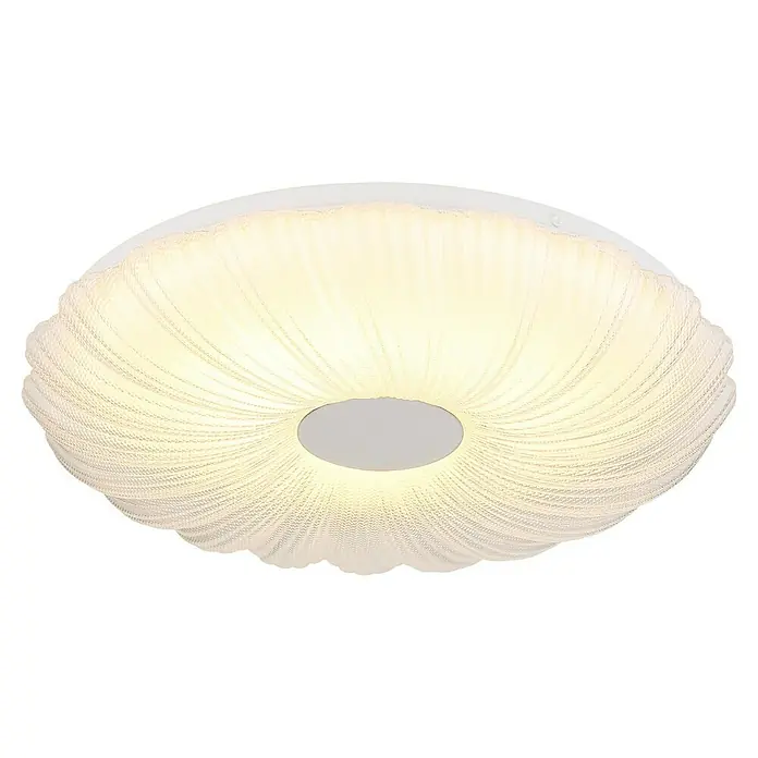 Globo LED-Deckenleuchte rund Cavendish - 24 W, Ø x H: 38 x 7 cm, Weiß, Warmweiß - Nahaufnahme einer modernen, runden LED-Deckenleuchte mit einem dekorativen, weißen Lampenschirm, die ein warmes, einladendes Licht ausstrahlt.