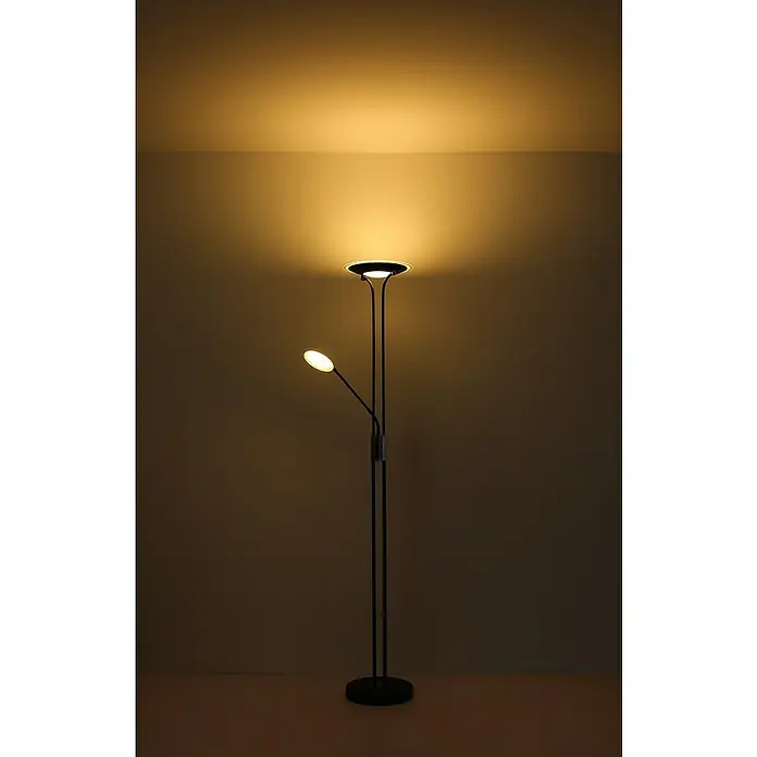 Globo LED-Deckenfluter Tamika - 25 W, Höhe: 180 cm, Schwarz, Kaltweiß - Eine elegante Stehlampe mit zwei Leuchten, die warmes, einladendes Licht in den Raum wirft und eine gemütliche Atmosphäre schafft.