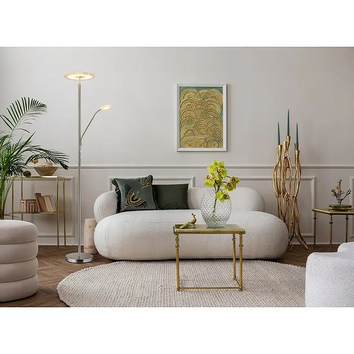 Globo LED-Deckenfluter Stanford - 28 W, Höhe: 180 cm, Nickel, Warmweiß - Elegantes Wohnzimmer mit stilvoller Stehlampe. Die Lampe ergänzt das moderne Interieur mit ihrem schlichten Design und warmem Licht perfekt.