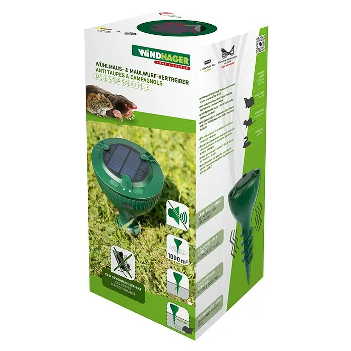Windhager Wühlmaus- & Maulwurfschreck Mole Stop Solar Plus - Geeignet für: Maulwürfe, Grün - Verpackung des Windhager Maulwurf- und Wühlmausvertreibers Solar Plus, einem umweltfreundlichen Schädlingsbekämpfungsmittel.