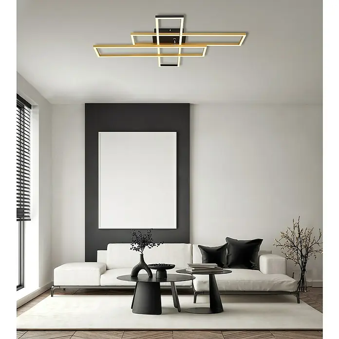 Globo LED-Deckenleuchte Dakari - 40 W, L x B x H: 80 x 60 x 9,5 cm, Schwarz, Warmweiß - Moderne Deckenleuchte mit geometrischem Design in Gold und Schwarz für stilvolle Innenräume.