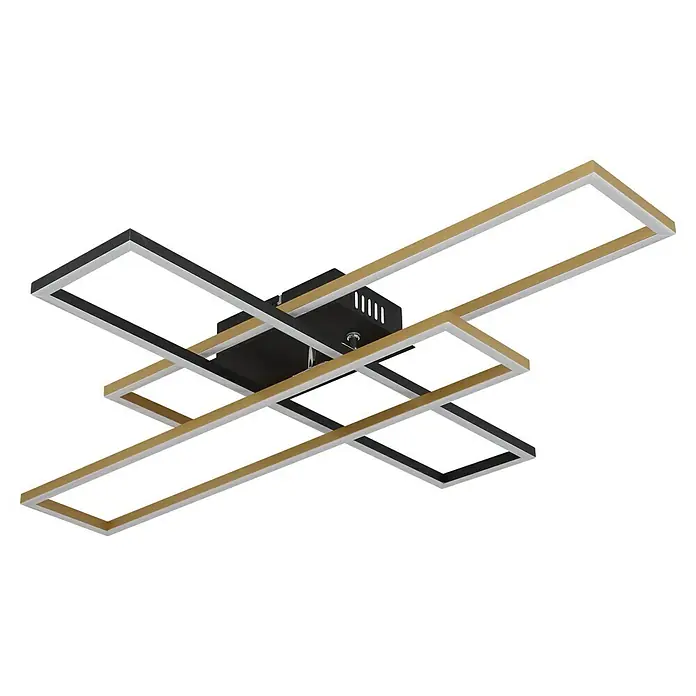 Globo LED-Deckenleuchte Dakari - 40 W, L x B x H: 80 x 60 x 9,5 cm, Schwarz, Warmweiß - Moderne Deckenleuchte mit überlappenden goldenen und schwarzen Quadratrahmen, die ein stilvolles und helles Ambiente schafft.