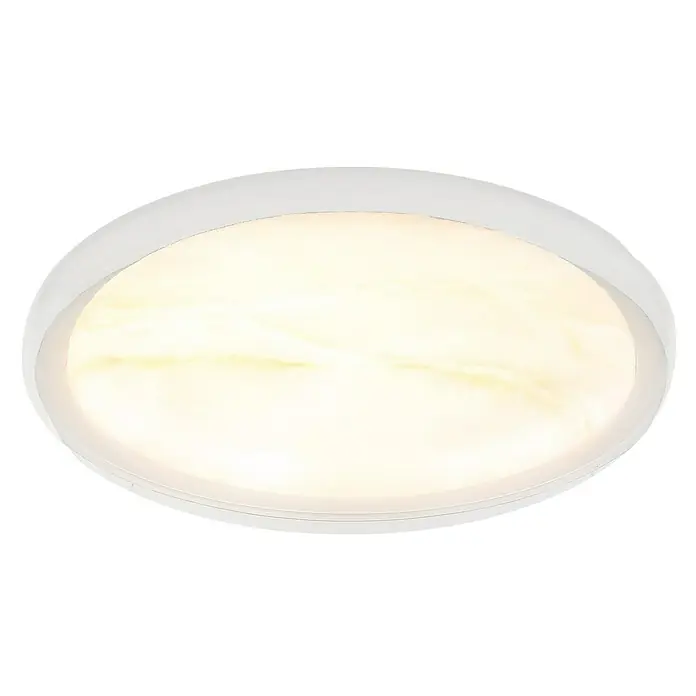 Globo LED-Deckenleuchte rund Tyrone - 24 W, Ø x H: 385 cm x 80 mm, Neutralweiß - Nahaufnahme einer runden, weißen Deckenleuchte mit warmer Beleuchtung, die ein gemütliches Ambiente schafft.