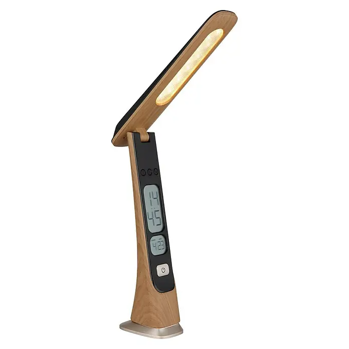 Globo LED-Tischleuchte Averie - L x B x H: 24,5 x 5,7 x 31,4 cm, Silber, Warmweiß - Tischleuchte mit Holzoptik und integriertem Display, das Uhrzeit und Datum anzeigt. Ideal für Büro oder Schlafzimmer, mit Dimmfunktion.