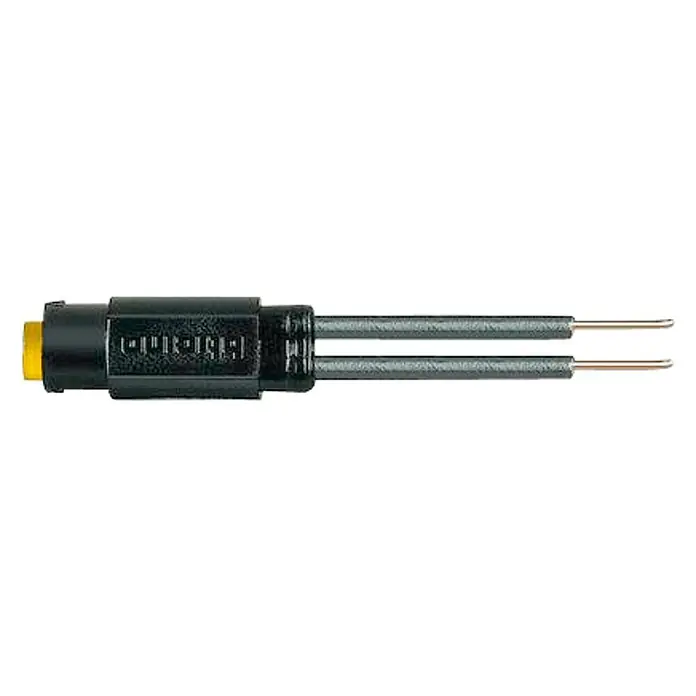 Bticino Living Light Pieza insertada para luz de neón - 230 V, Montaje en superficie, Negro - Primer plano de un conector eléctrico con dos cables pelados, ideal para conexiones en dispositivos electrónicos.