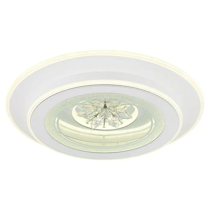 Globo LED-Deckenleuchte rund Bluma - 36 W, Ø x H: 46 x 6,5 cm, Weiß - Nahaufnahme einer stilvollen, runden LED-Deckenleuchte mit Kristallakzenten, die ein modernes und helles Ambiente schafft.
