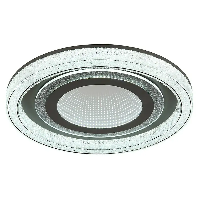 Globo LED-Deckenleuchte rund mit Tunneleffekt Alsuna - 48 W, Ø x H: 48 x 7 cm, Anthrazit - Nahaufnahme einer runden LED-Deckenleuchte mit Kristallverzierungen und einem faszinierenden Infinity-Spiegel-Effekt im Zentrum.