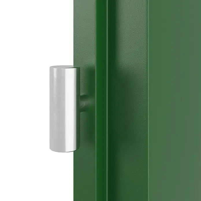GetaDoor Getalit Zimmertür FM8237 - 860 x 1.985 mm, DIN Anschlag: Rechts, Edeltanne, Röhrenspan - Nahaufnahme eines Scharniers an einer grünen Tür, das die robuste Konstruktion und das Design des Produkts hervorhebt.