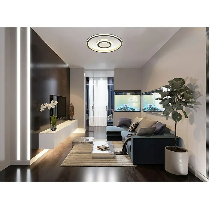 Globo LED-Deckenleuchte rund Cara - 40 W, Ø x H: 43,2 x 5 cm, Grau, Warmweiß - Ein modernes Wohnzimmer mit einem kreisförmigen Deckenlicht, das eine warme Atmosphäre schafft. Das Design ist elegant und zeitgemäß.
