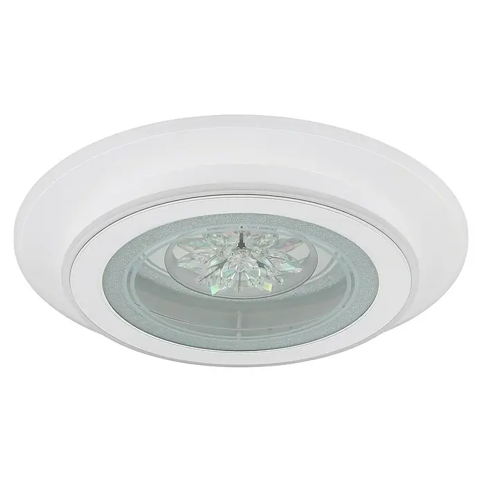 Globo LED-Deckenleuchte rund Bluma - 36 W, Ø x H: 46 x 6,5 cm, Weiß - Detailaufnahme einer runden, weißen Deckenleuchte mit dekorativen Kristallelementen im Inneren. Elegante Beleuchtung für moderne Innenräume.