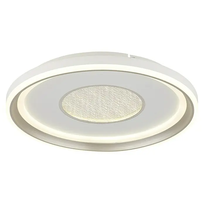 Globo LED-Deckenleuchte rund Eila - 48 W, Ø x H: 48 x 6,3 cm, Weiß/ Champagner - Nahaufnahme einer modernen, runden LED-Deckenleuchte mit weißem Rahmen und einem zentralen, strukturierten Lichtelement, das ein warmes Licht ausstrahlt.