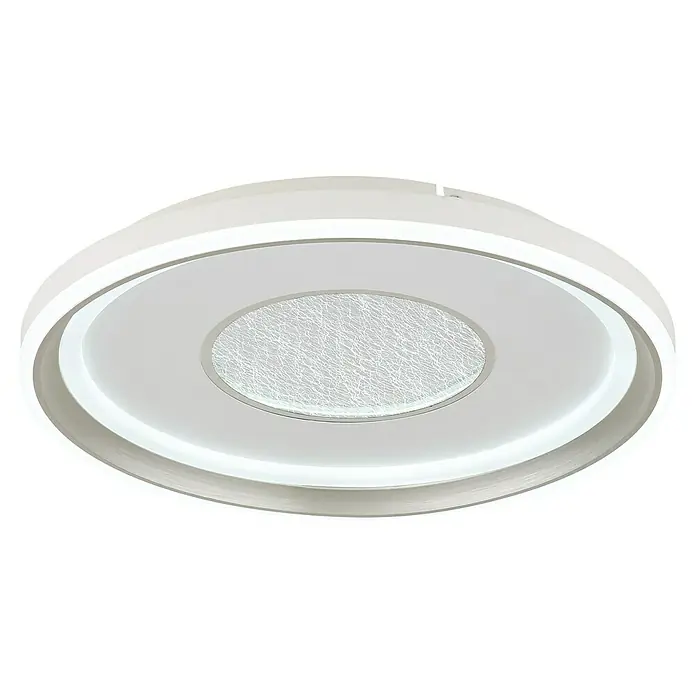 Globo LED-Deckenleuchte rund Eila - 48 W, Ø x H: 48 x 6,3 cm, Weiß/ Champagner - Nahaufnahme einer modernen, runden LED-Deckenleuchte mit weißem Rahmen und strukturierter Mittelplatte.