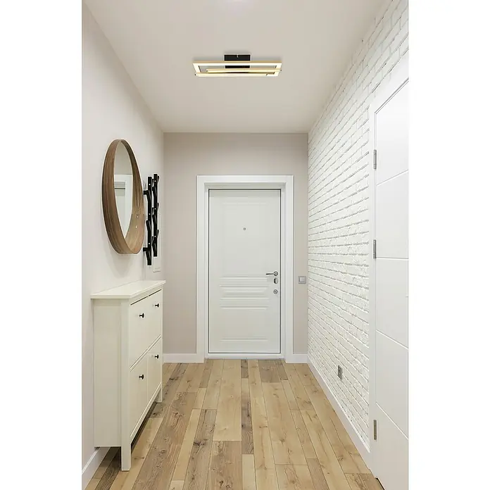 Globo LED-Deckenleuchte Highway - 24 W, L x B x H: 40 x 37,5 x 6,3 cm, Gold, Warmweiß - Eine moderne Fluransicht mit einem rechteckigen Deckenlicht, einem runden Spiegel und einem weißen Schuhschrank.