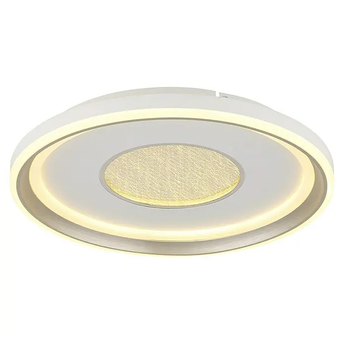 Globo LED-Deckenleuchte rund Eila - 48 W, Ø x H: 48 x 6,3 cm, Weiß/ Champagner - Nahaufnahme einer modernen, runden LED-Deckenleuchte mit weißem Rahmen und dekorativer Innenfläche.